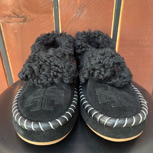 TORY BURCH SHEARLING SLIPPERS BLACK 6.5 - Picture 3 of 7